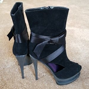 Black Velvet Peep-Toe Booties w/ Satin Bow Detail